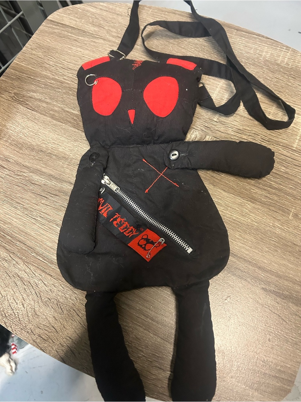 Black and Red emo goth Plush teddy bear 🧸 Crossbody Bag with Skull Patch